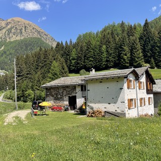 Haus von der Seite mit Wohnteil, Scheune und Liegewiese